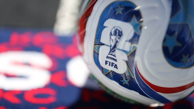 Photo shows a picture of a FIFA World Cup 26 ball in Kansas City.
