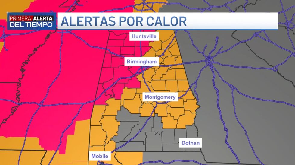 Alertas por calor para el día de mañana. Zonas en rosa están bajo aviso, zonas en naranja...