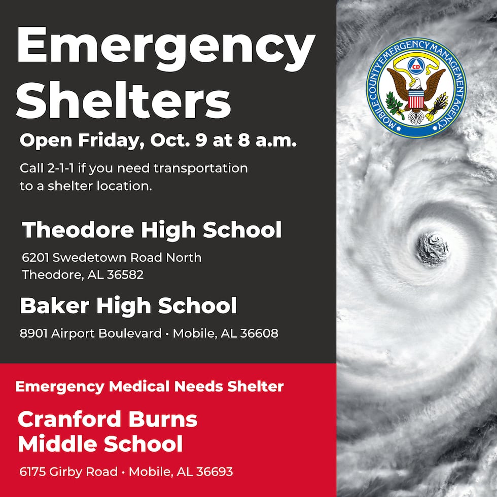 Tres refugios públicos abrirán en el condado de Mobile el viernes a las 8 a. m. ante la...